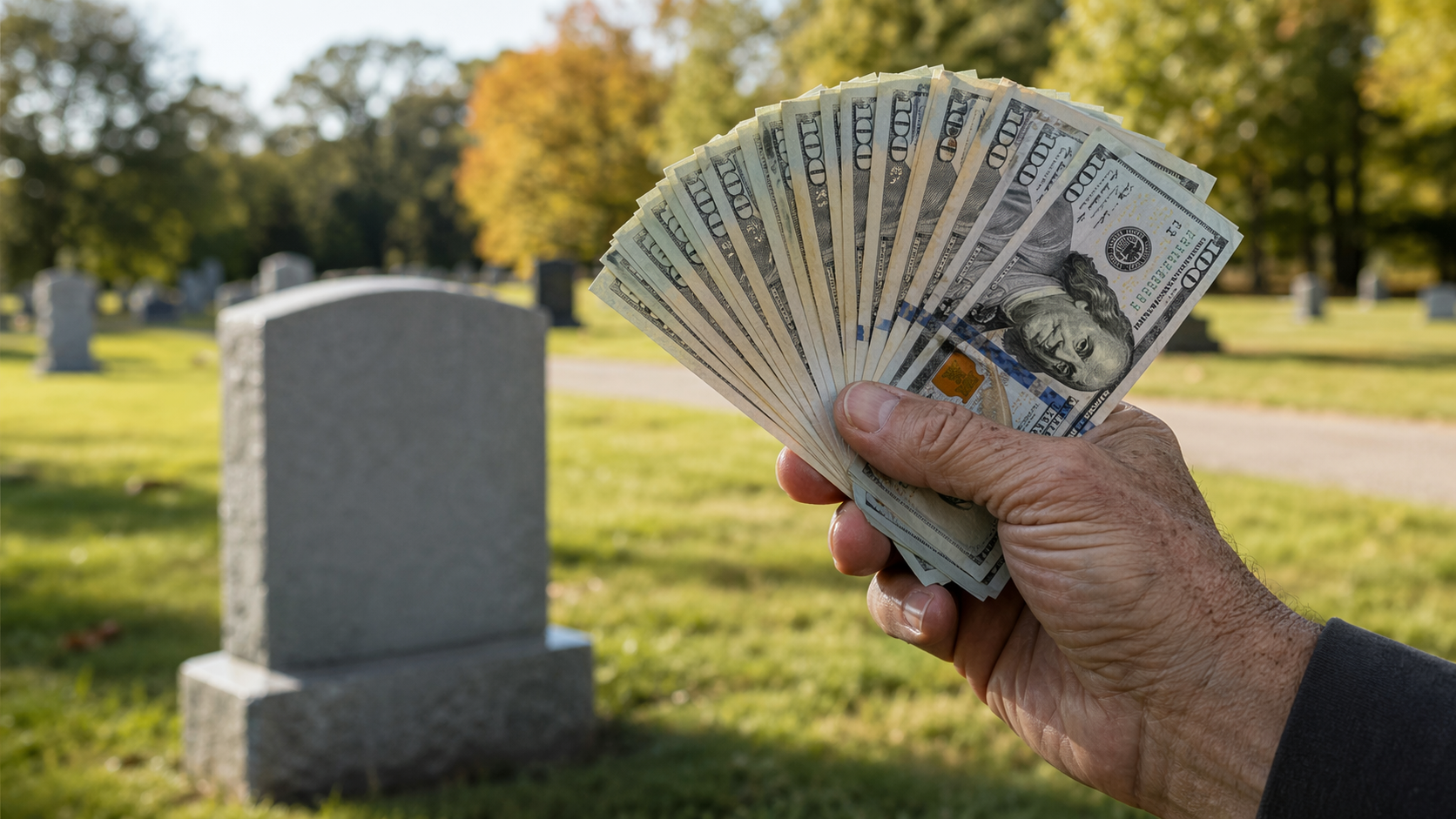 Older hand holding cash near a cemetery headstone